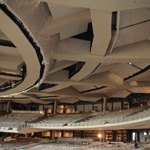 Willow Creek Community Church auditorium. Omniflx ceiling and balcony assemblies. Assembly configurations captured by Omniflx GreenFusion adhesive.